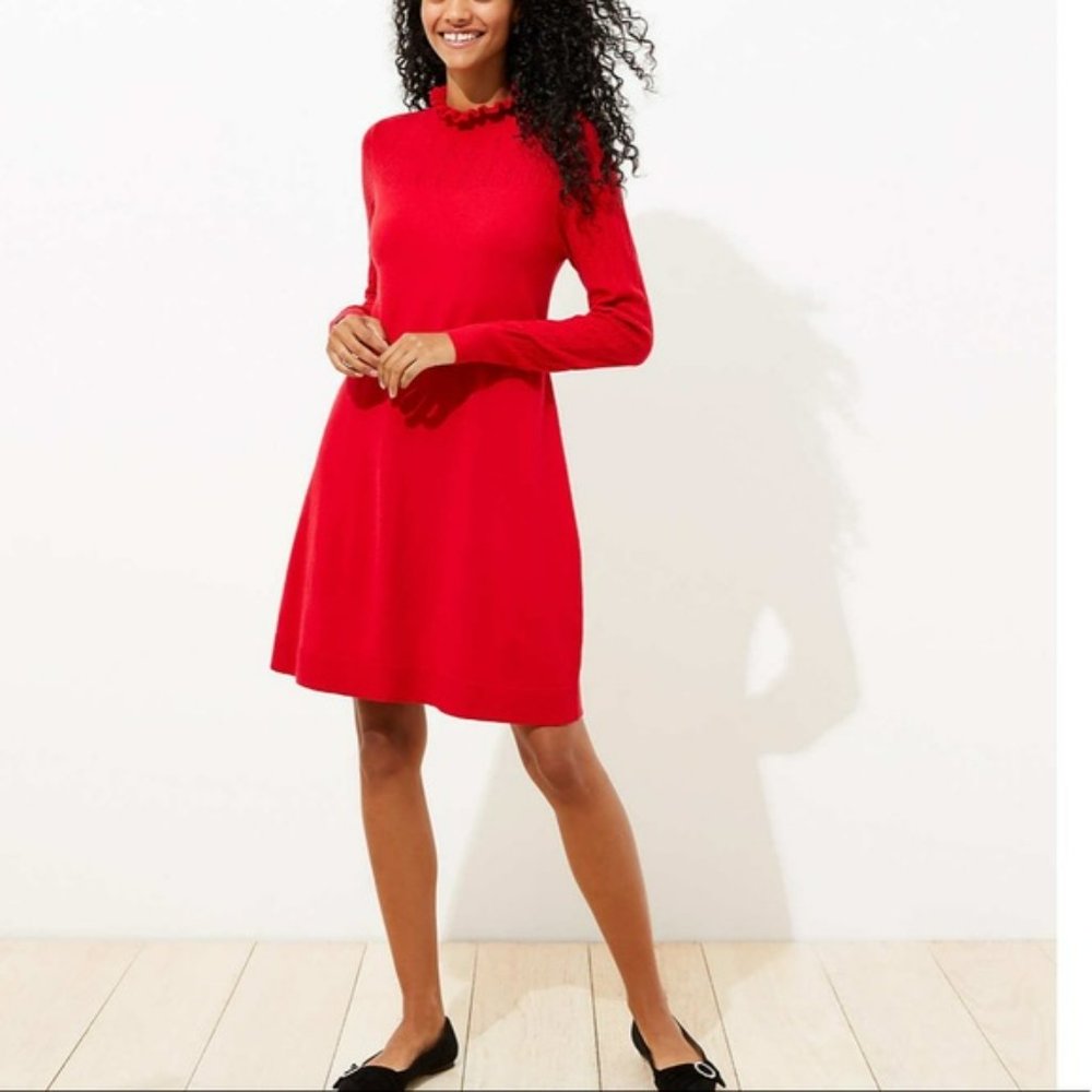 NWT LOFT Ruffle Pointelle Sweater Dress in Tango Red